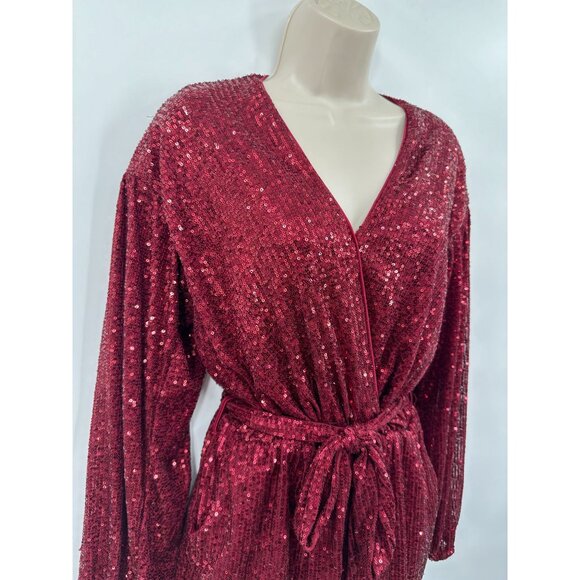 She + Sky Ruby Red Sequin Romper With Long Sleeves & Tie Waist Size Small - Picture 3 of 7
